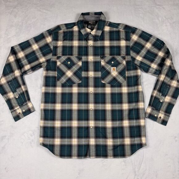 Carhartt Rugged Flex Western Pearl Snap Shirt Men’s Size Medium Green Plaid - Picture 2 of 7
